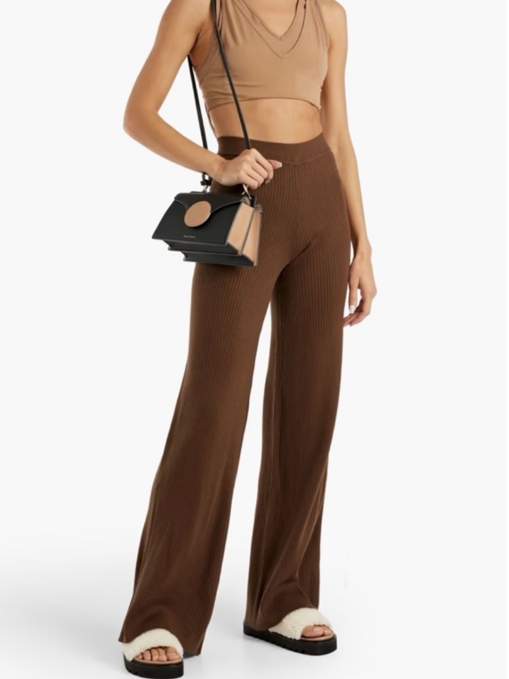 Good American Sepia Brown Ribbed Knit Wide Leg Pants Size 4